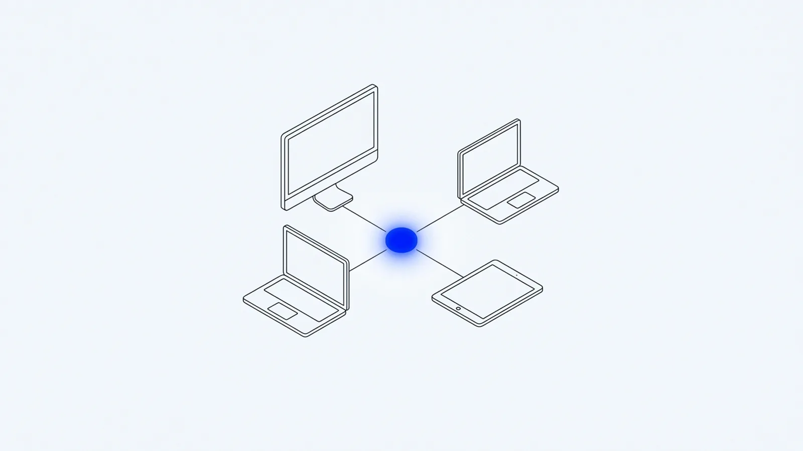 Illustration conceptuelle : un outil accessible depuis plusieurs écrans via un nœud central bleu, sur fond clair premium