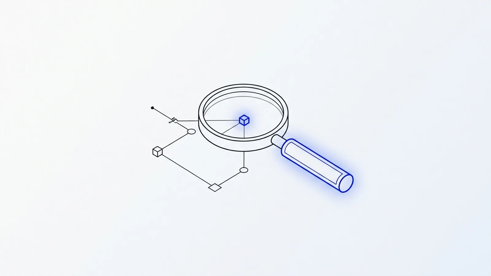 Illustration conceptuelle : une loupe bleue analysant un schéma de processus et révélant un point clé, sur fond clair premium