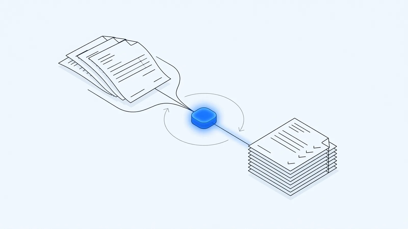 Illustration conceptuelle : des factures traitées automatiquement, un flux passant par un nœud bleu lumineux, sur fond clair premium