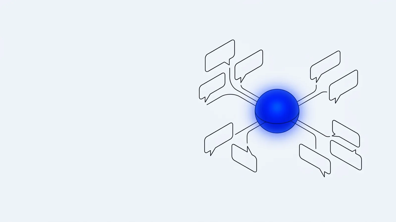 Illustration conceptuelle : un nœud bleu lumineux (l'IA) répondant à plusieurs messages clients, sur fond clair premium
