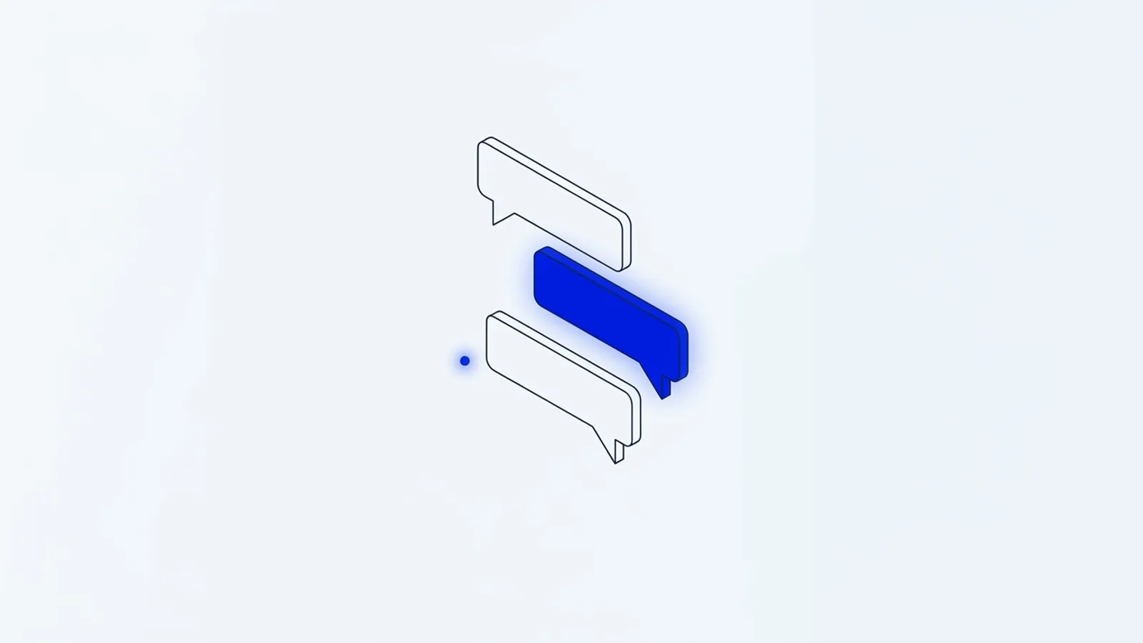 Illustration conceptuelle : une conversation où la bulle de l'assistant IA est en bleu lumineux, sur fond clair premium