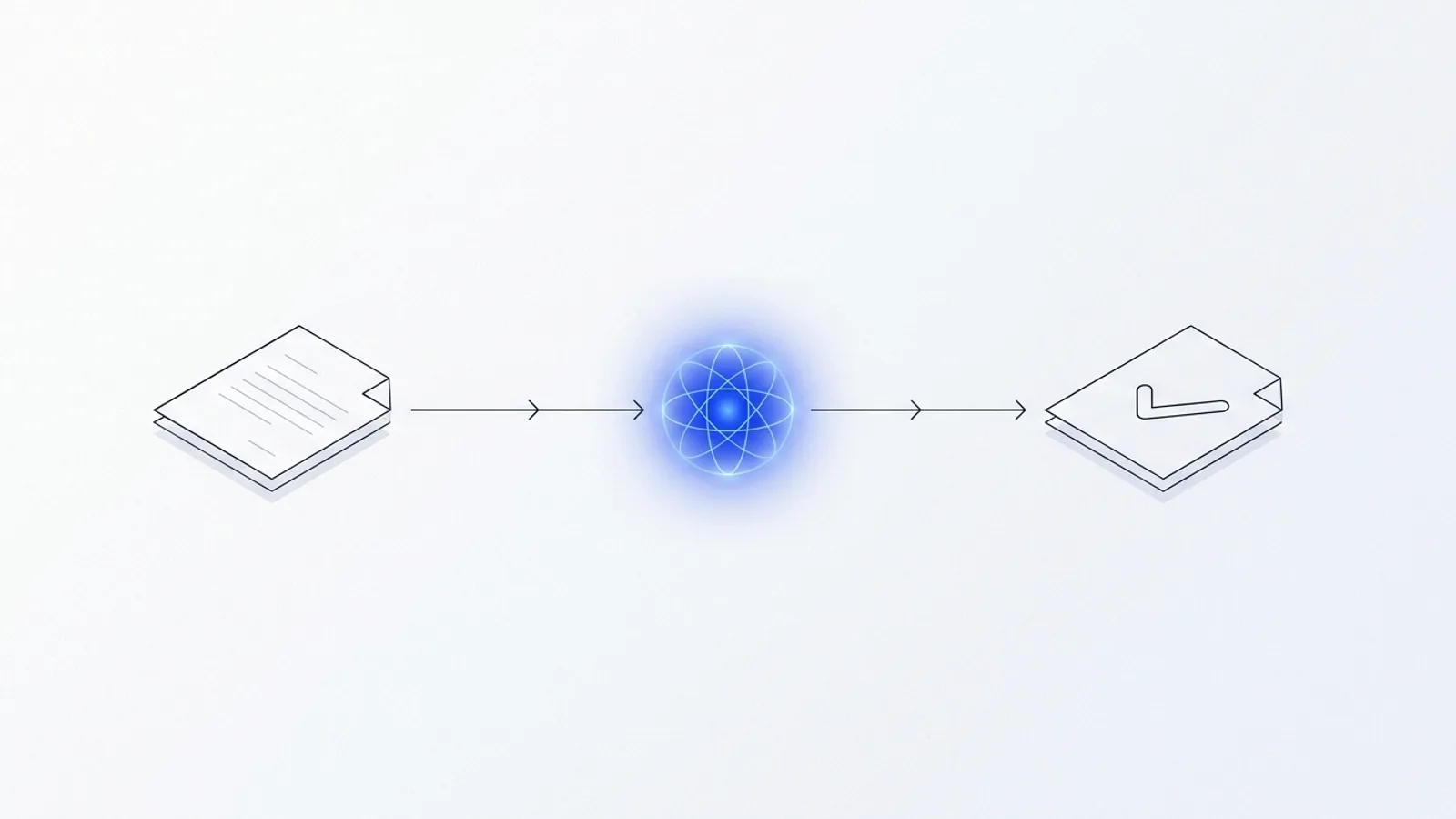 Flux reliant un formulaire, une étape d'automatisation et un assistant IA, parcouru par une comète bleue, sur fond clair