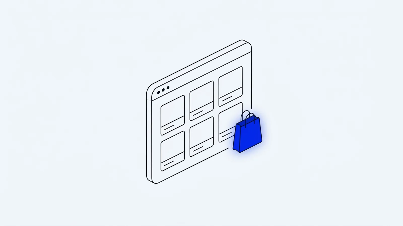 Illustration conceptuelle : une vitrine en ligne avec une grille de produits et un panier bleu, sur fond clair premium