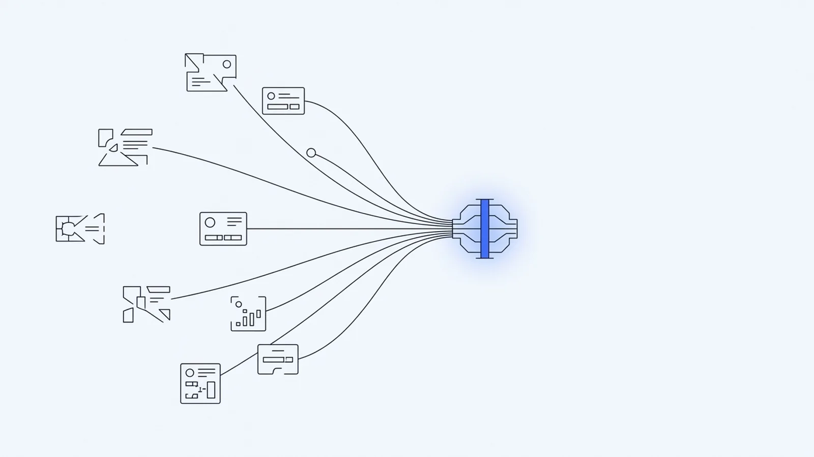 Illustration conceptuelle : des contacts dispersés se réorganisant autour d'un hub central bleu, sur fond clair premium