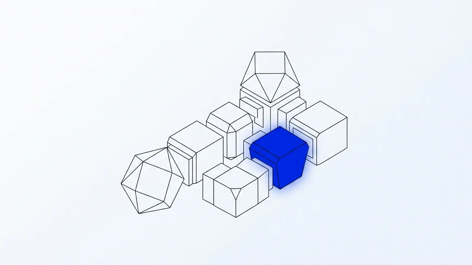 Illustration conceptuelle : des modules géométriques s'assemblant en une structure unique, un module clé en bleu, sur fond clair premium