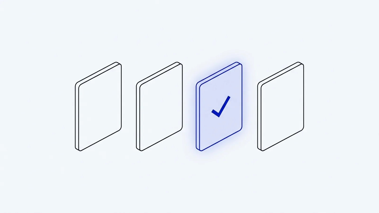 Illustration conceptuelle : plusieurs options alignées, l'une mise en avant en bleu avec une coche, sur fond clair premium