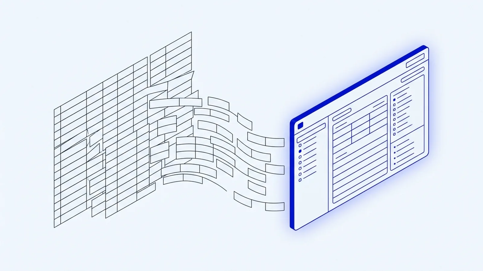 Illustration conceptuelle : une grille de tableur qui se transforme en un outil structuré, accent bleu, sur fond clair premium