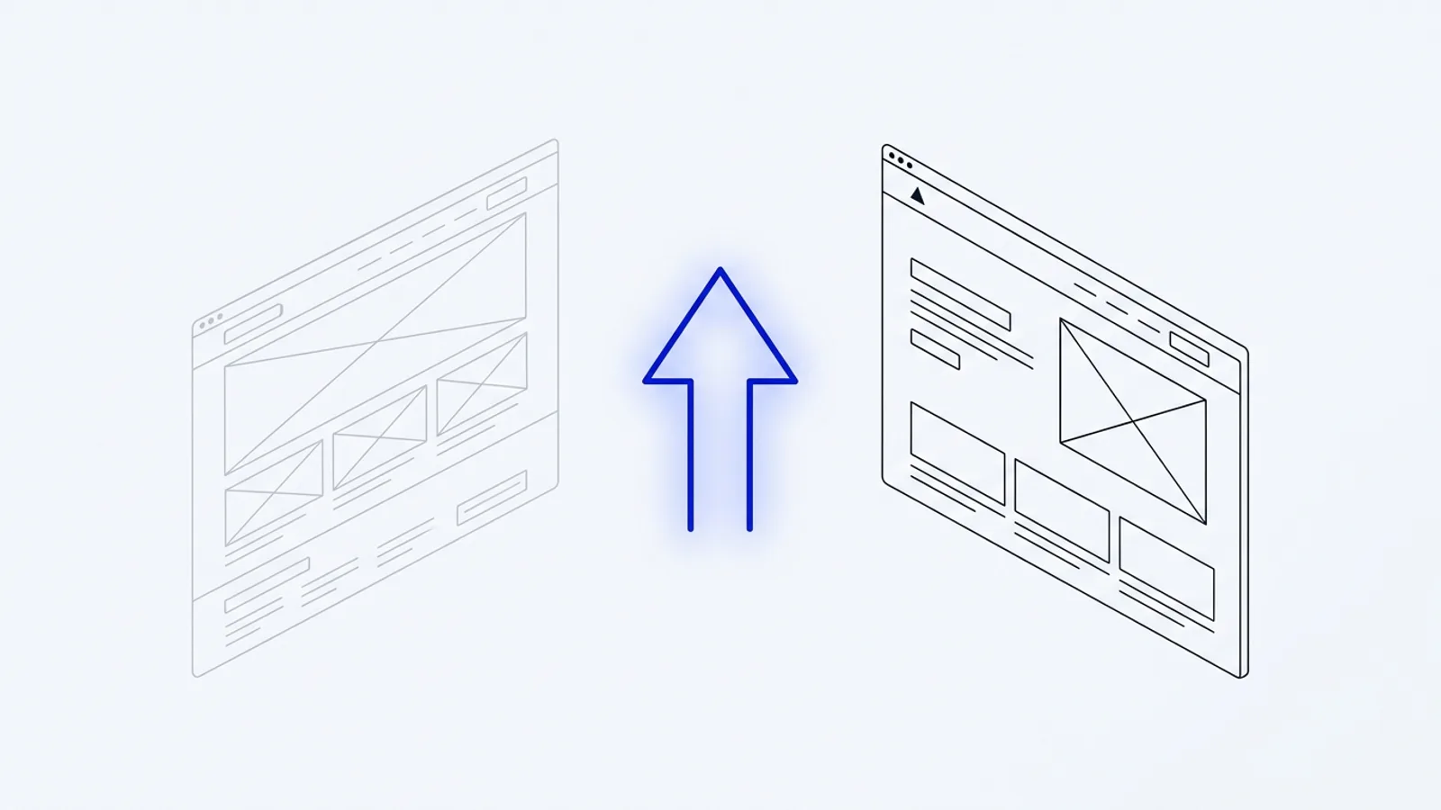 Illustration conceptuelle : un site daté transformé en un site épuré, relié par une flèche bleue, sur fond clair premium