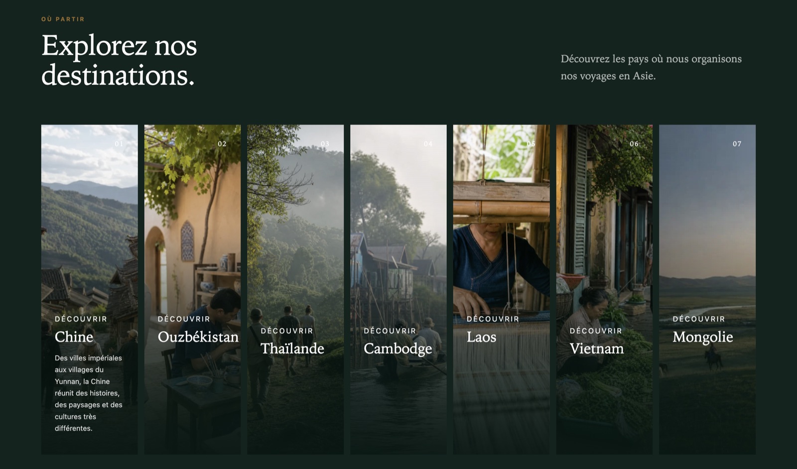 Présentation visuelle des destinations Aventure de Vie : Chine, Ouzbékistan, Thaïlande, Cambodge, Laos, Vietnam et Mongolie