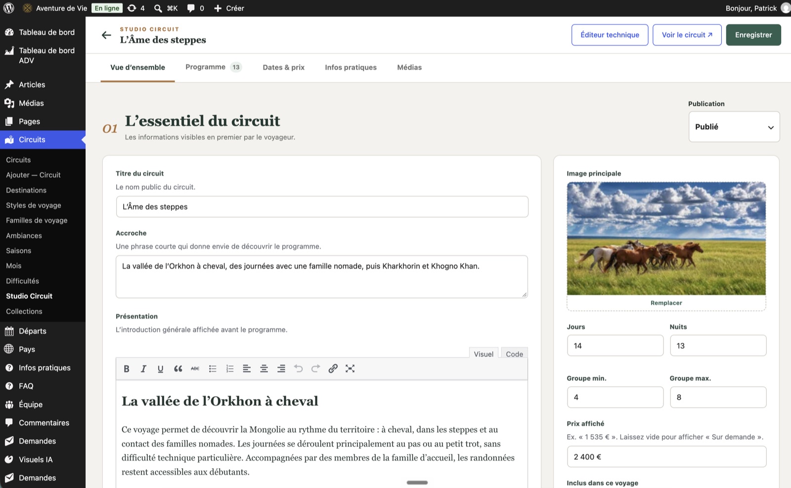 Studio Circuit : interface WordPress sur mesure pour gérer les voyages, programmes, dates, prix et médias