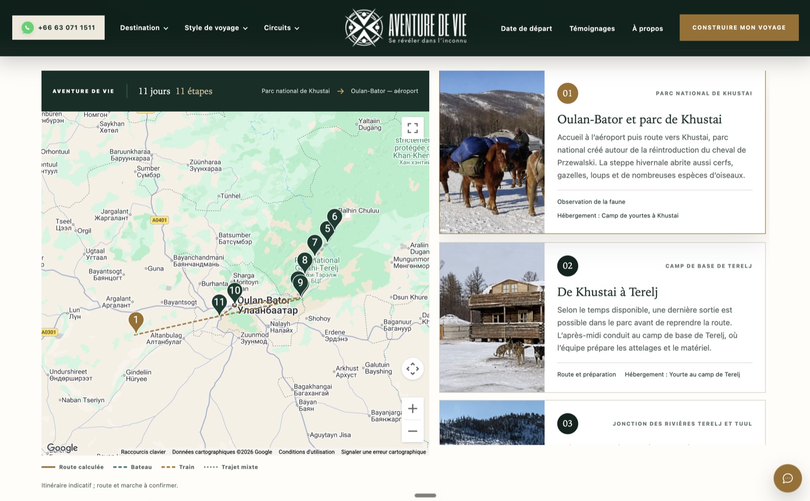 Itinéraire Aventure de Vie avec carte Google Maps, étapes numérotées et descriptions illustrées d’un circuit en Mongolie