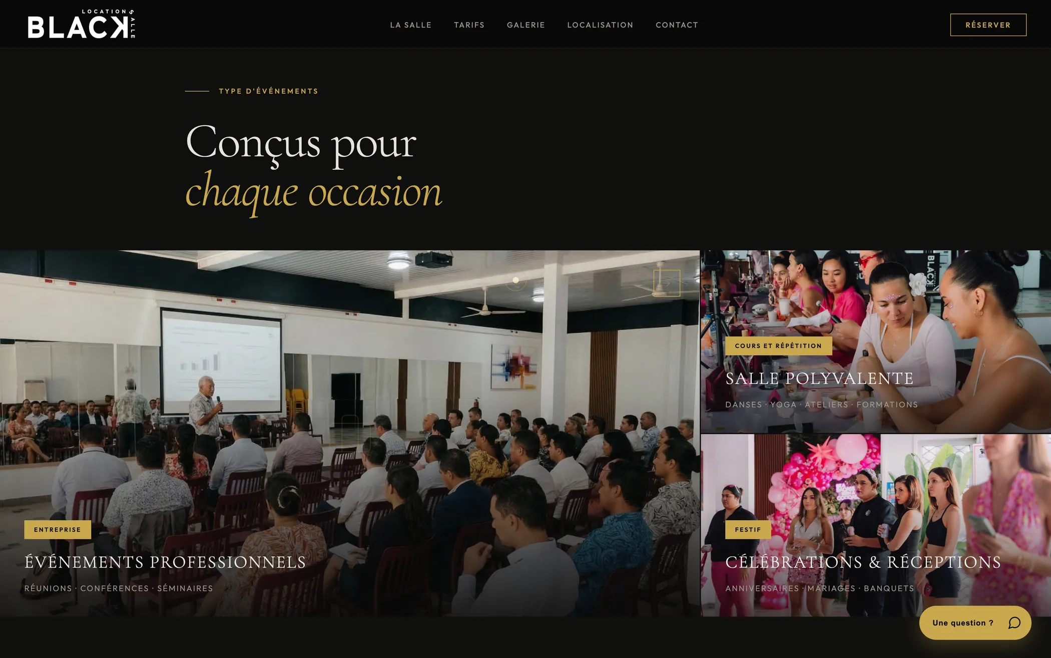 Section Types d’événements du site BLACK : événements professionnels, salle polyvalente pour cours et répétitions, célébrations et réceptions