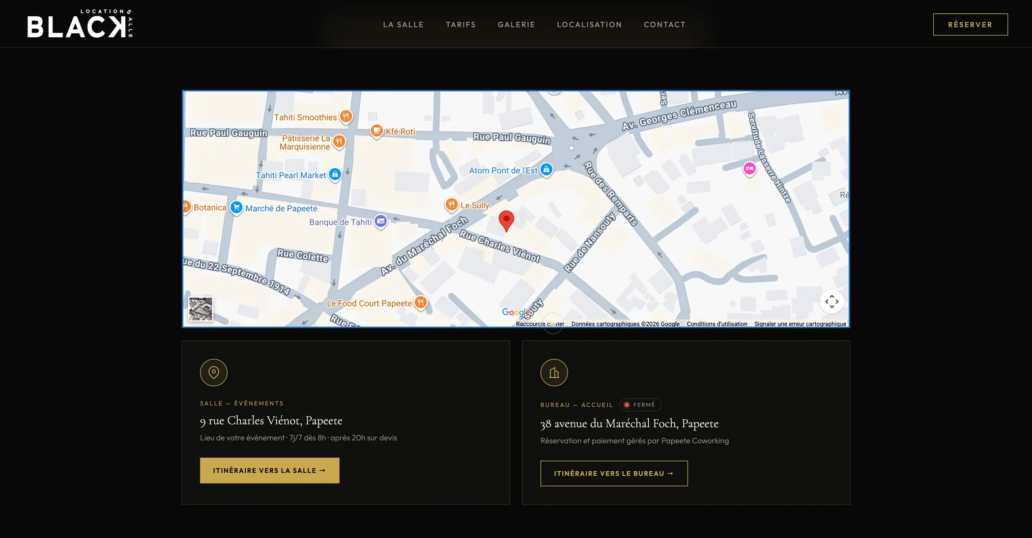Section Localisation du site BLACK avec une carte de Papeete, l’adresse de la salle, celle du bureau d’accueil et les boutons d’itinéraire