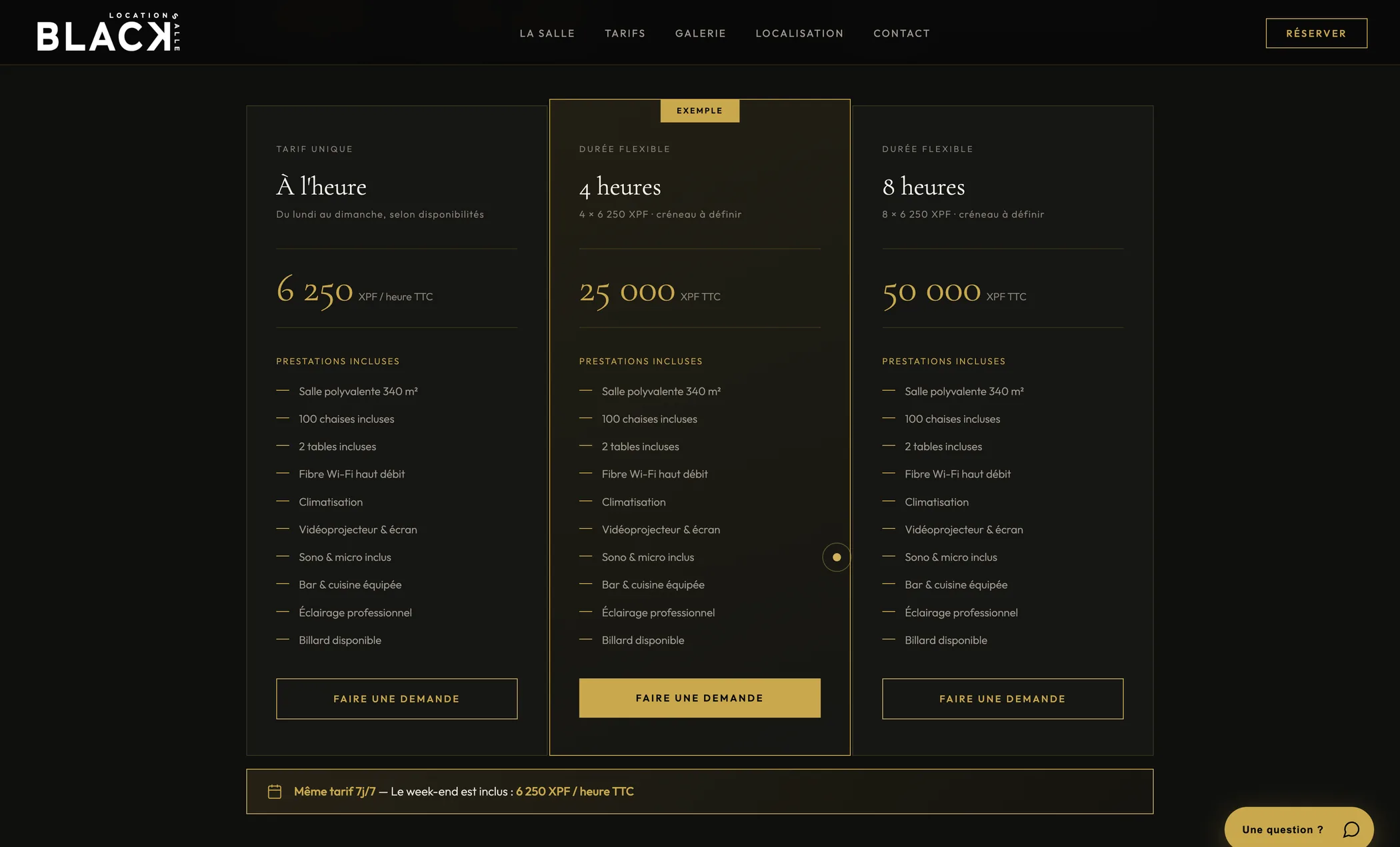 Section Tarifs du site BLACK : tarif à l’heure, exemples sur 4 et 8 heures en XPF, prestations incluses et boutons Faire une demande