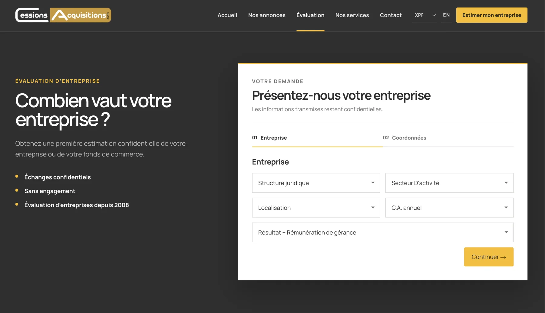Page d’évaluation d’entreprise avec formulaire en deux étapes et message de confidentialité