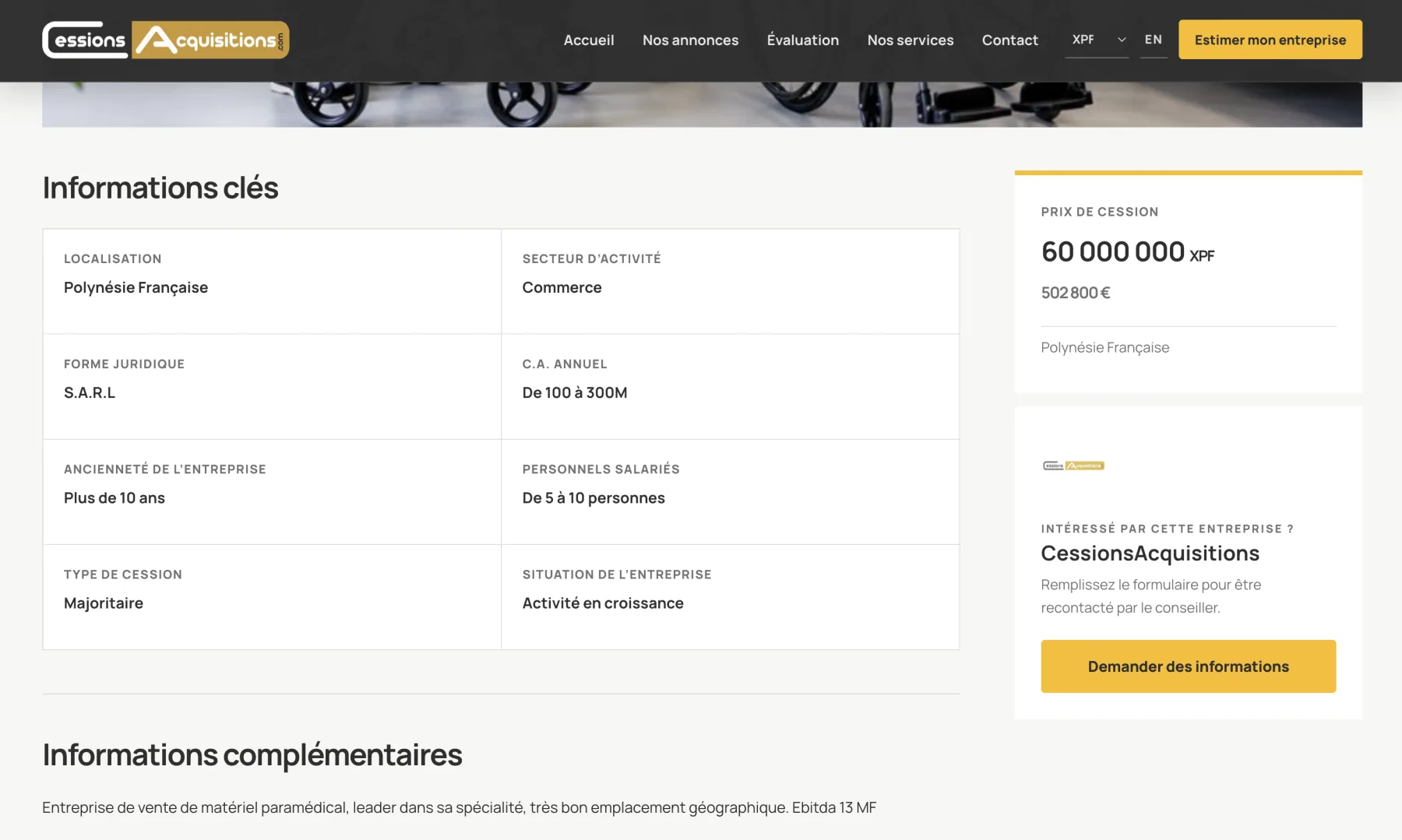 Fiche d’entreprise à vendre avec informations clés, prix de cession et demande de renseignements