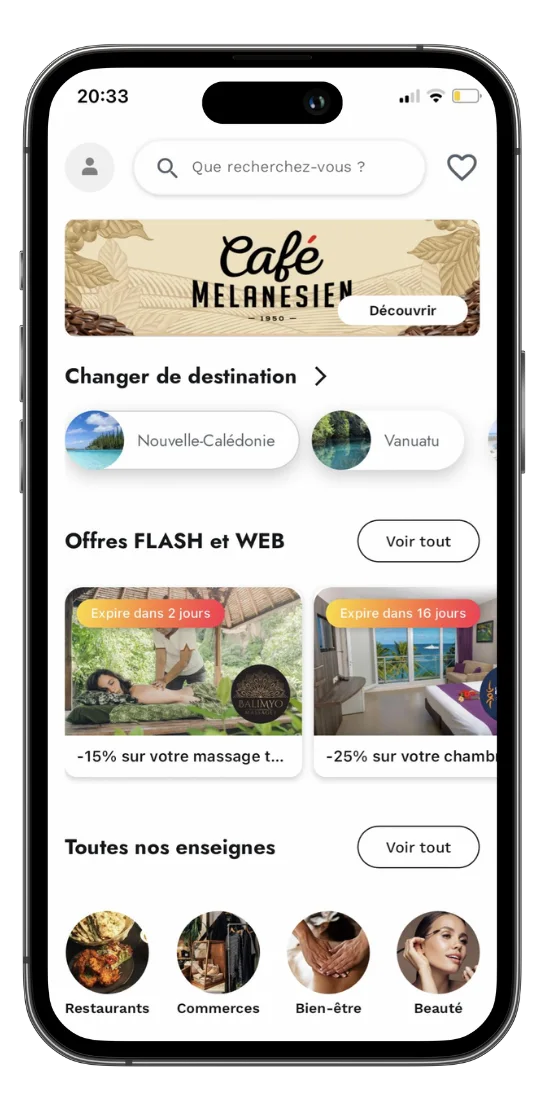 Accueil de l’application Digital Cash avec recherche, destinations, offres flash et catégories d’enseignes