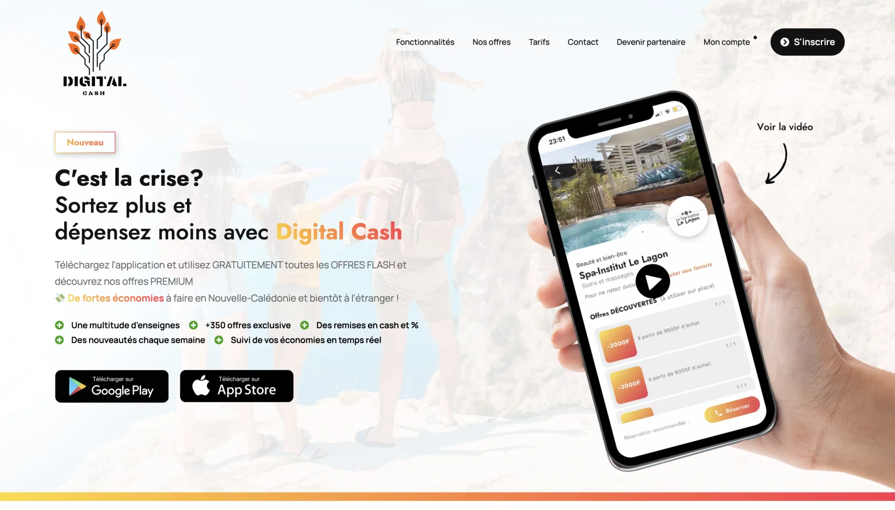 Page d’accueil de Digital Cash présentant l’application mobile et les offres des enseignes partenaires