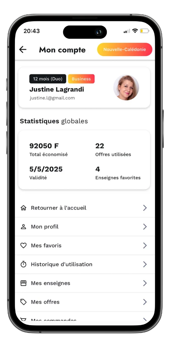 Espace client Digital Cash indiquant le total économisé, les offres utilisées et les enseignes favorites