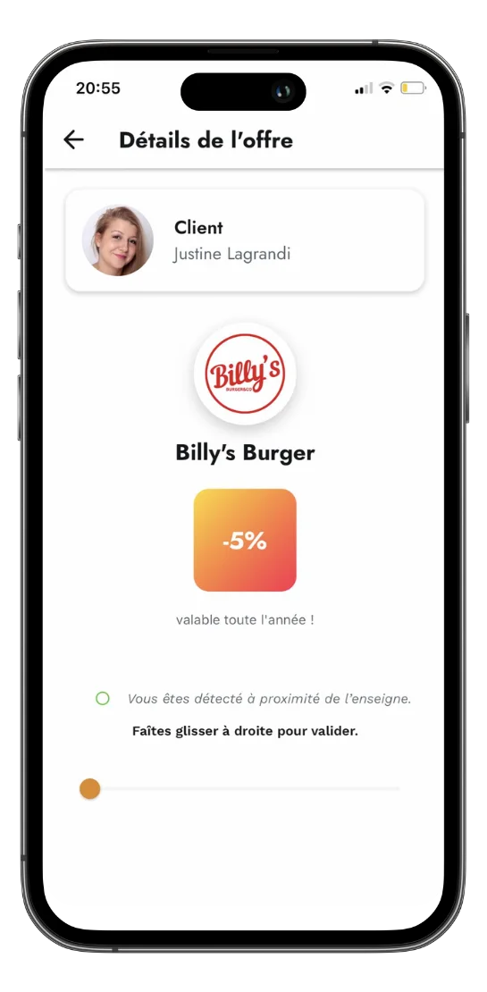 Écran de validation d’une offre Digital Cash indiquant que le client est détecté à proximité de l’enseigne