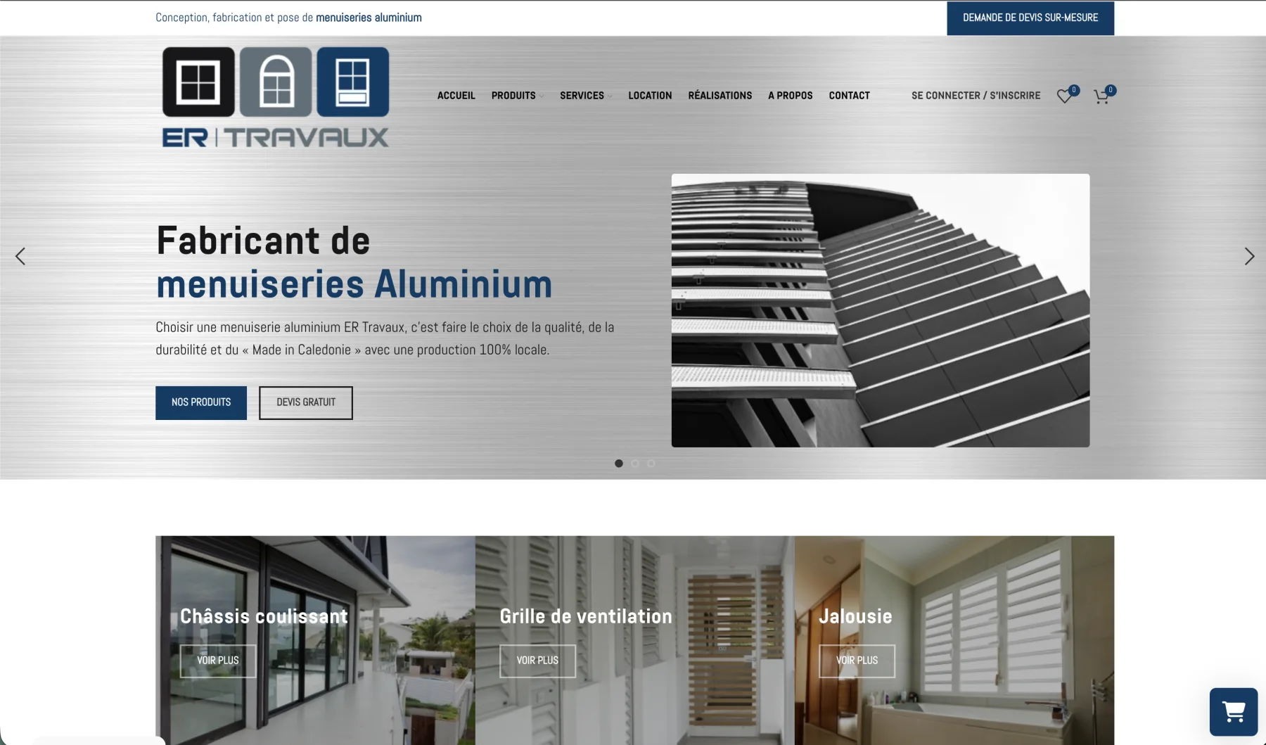 Accueil du site ER Travaux présentant ses menuiseries aluminium, ses produits et l’accès au devis sur mesure