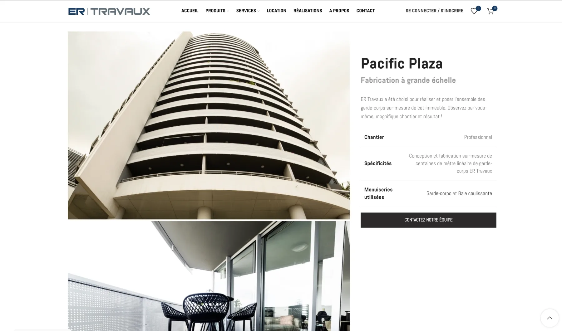 Réalisation Pacific Plaza présentée sur le site ER Travaux avec photos du bâtiment et détails des garde-corps et baies coulissantes