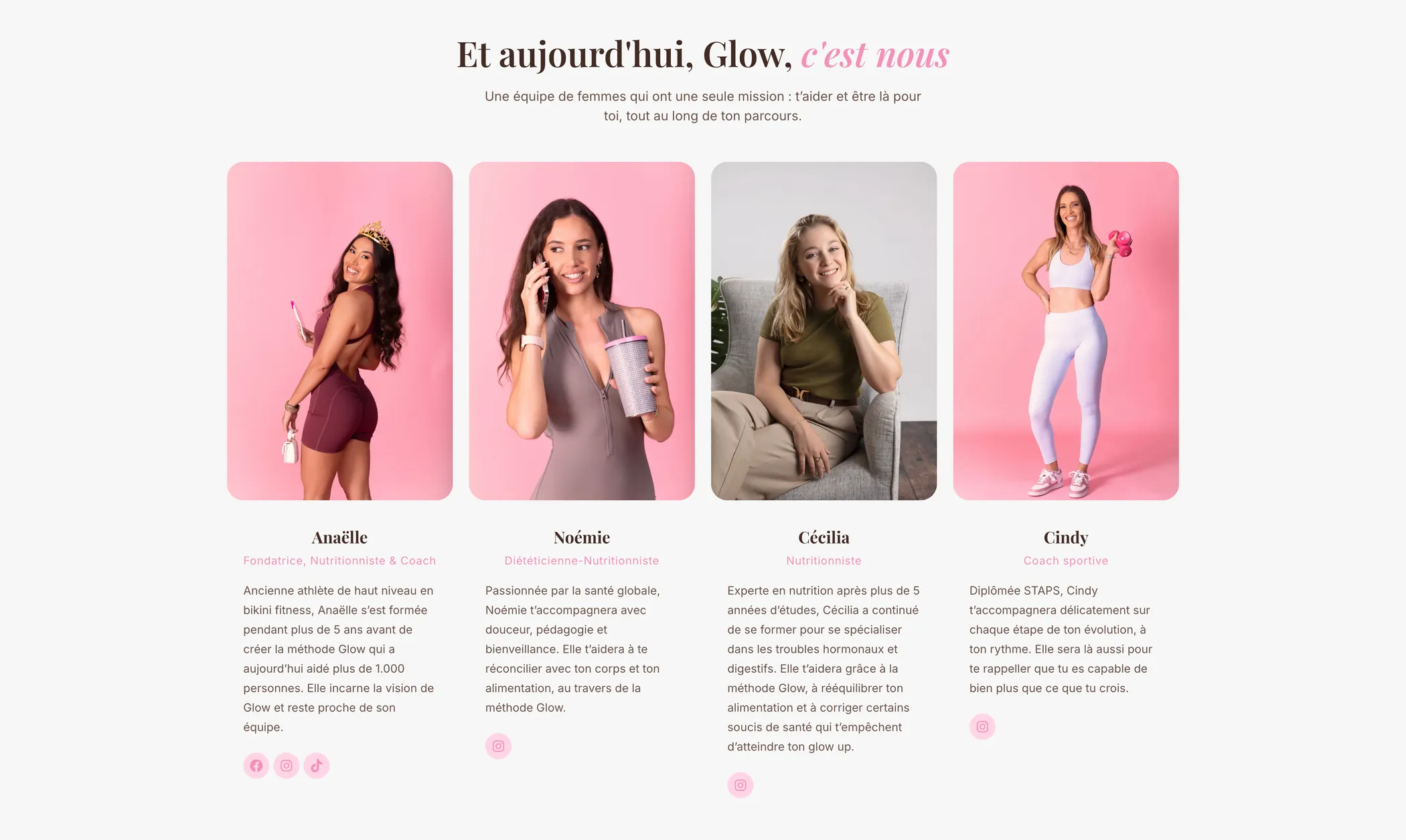 Section équipe du site Glow by Anaëlle présentant Anaëlle, Noémie, Cécilia et Cindy avec leurs spécialités