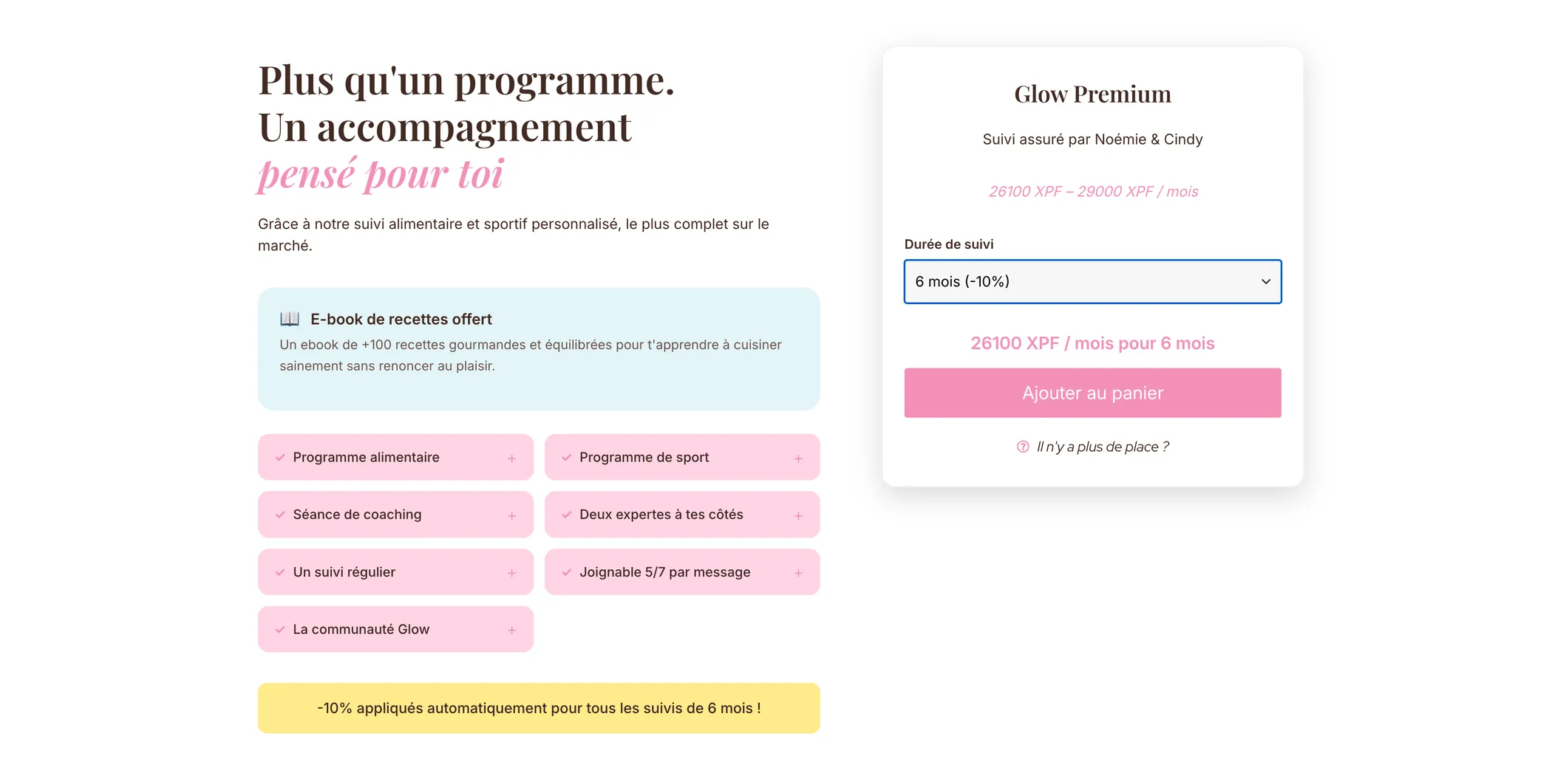Page d’une formule du site Glow by Anaëlle avec le contenu du suivi, le choix de la durée, le tarif mensuel en XPF et le bouton Ajouter au panier