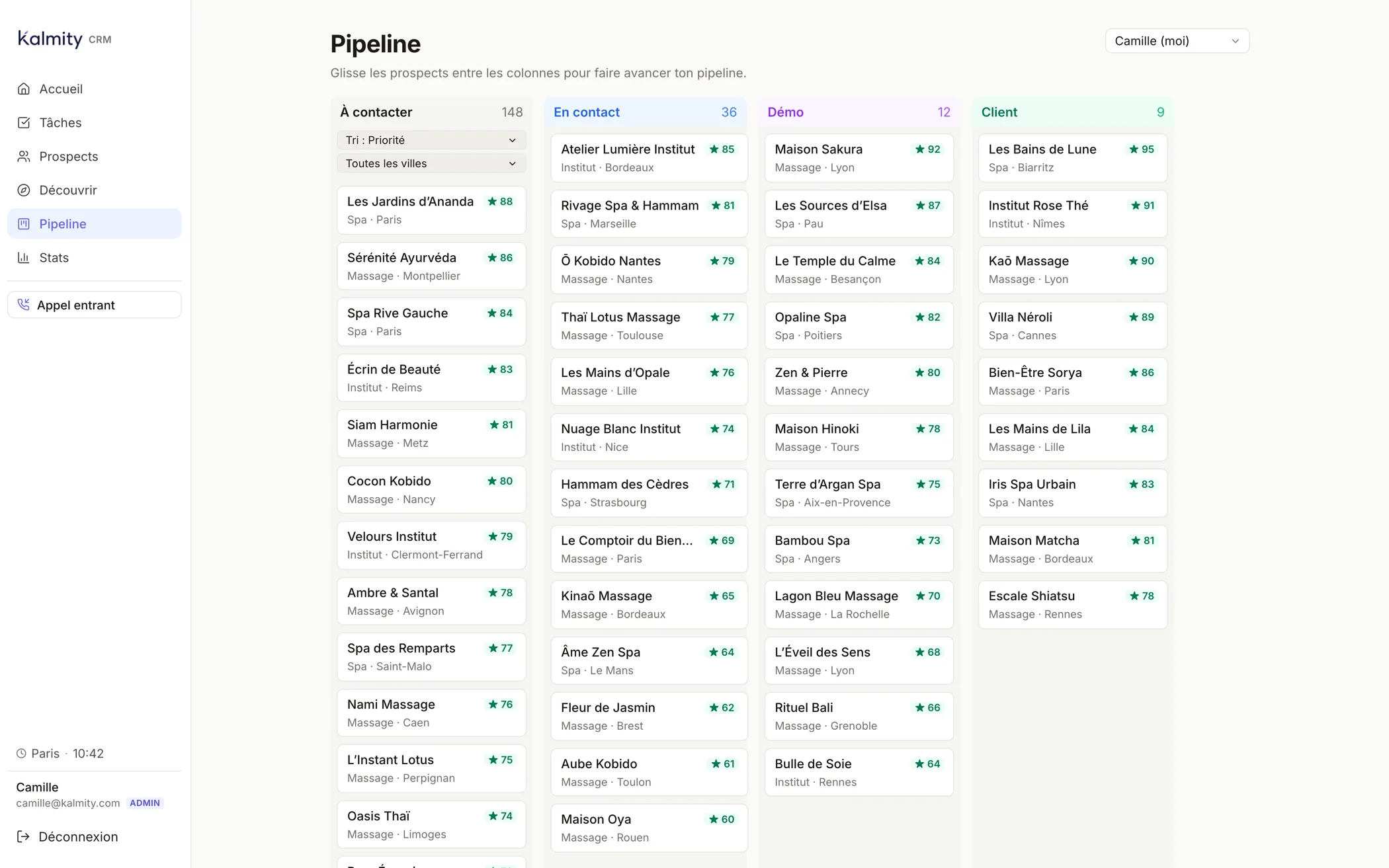 Pipeline de Kalmity CRM avec les colonnes À contacter, En contact, Démo et Client, données fictives