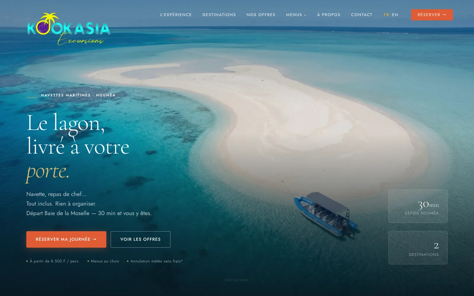 Page d'accueil du site Kookasia Excursions — sortie en mer dans le lagon de Nouméa