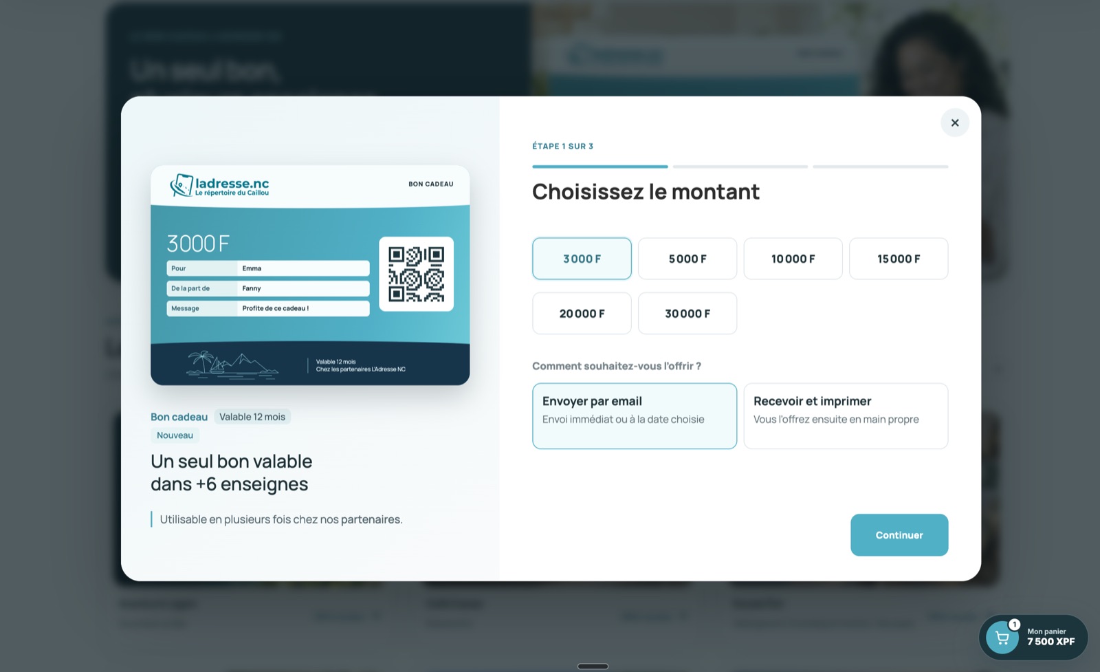 Aperçu du module de bons cadeaux L’Adresse NC en cours de déploiement : choix du montant et du mode de remise