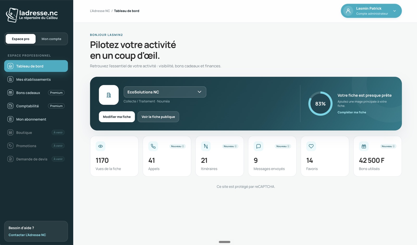 Nouvel espace professionnel L’Adresse NC avec indicateurs de vues, appels, itinéraires, messages et favoris