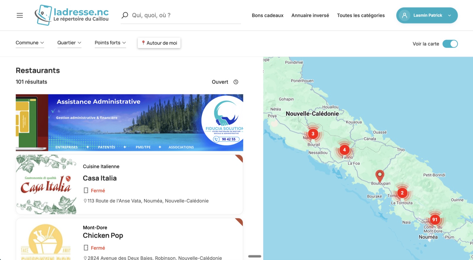 Résultats de recherche L’Adresse NC avec filtres de commune et de quartier et carte des professionnels