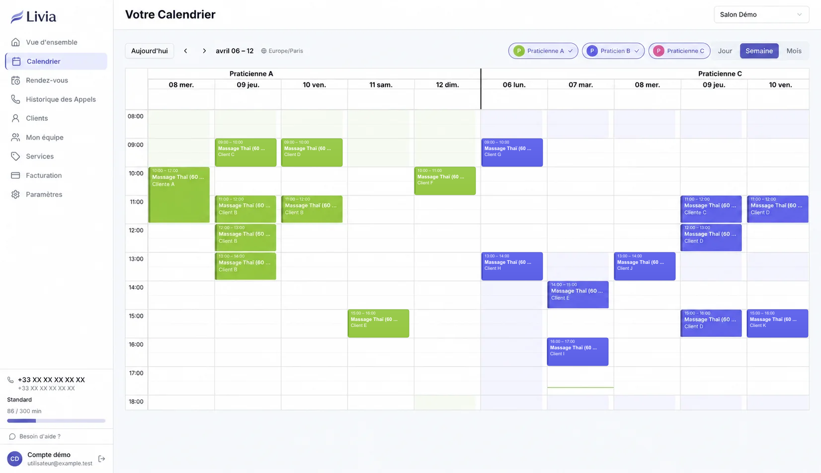 Calendrier de Livia Bookings avec davantage de rendez-vous fictifs