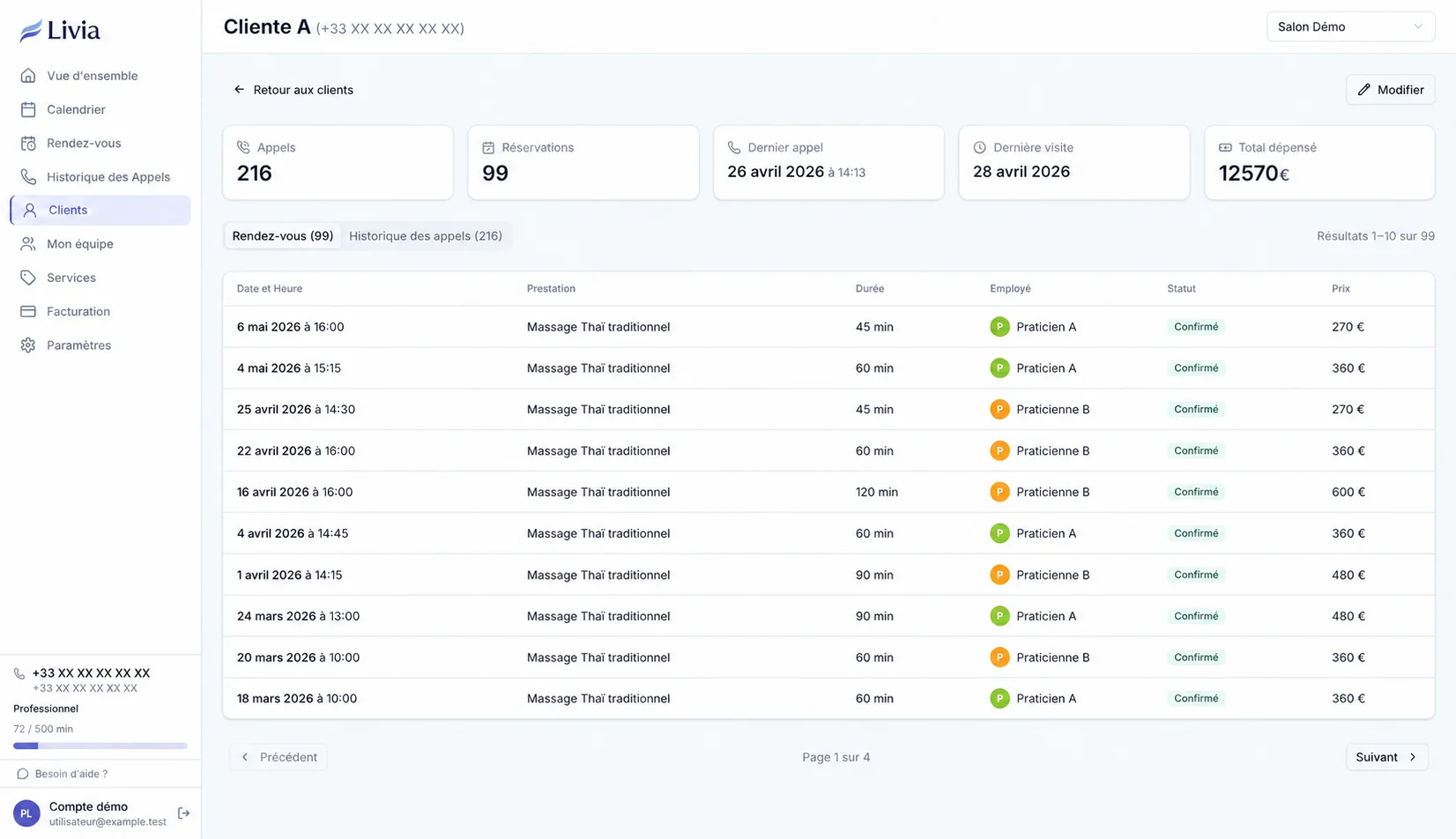 Fiche client fictive dans Livia Bookings avec historique de réservations et d’appels