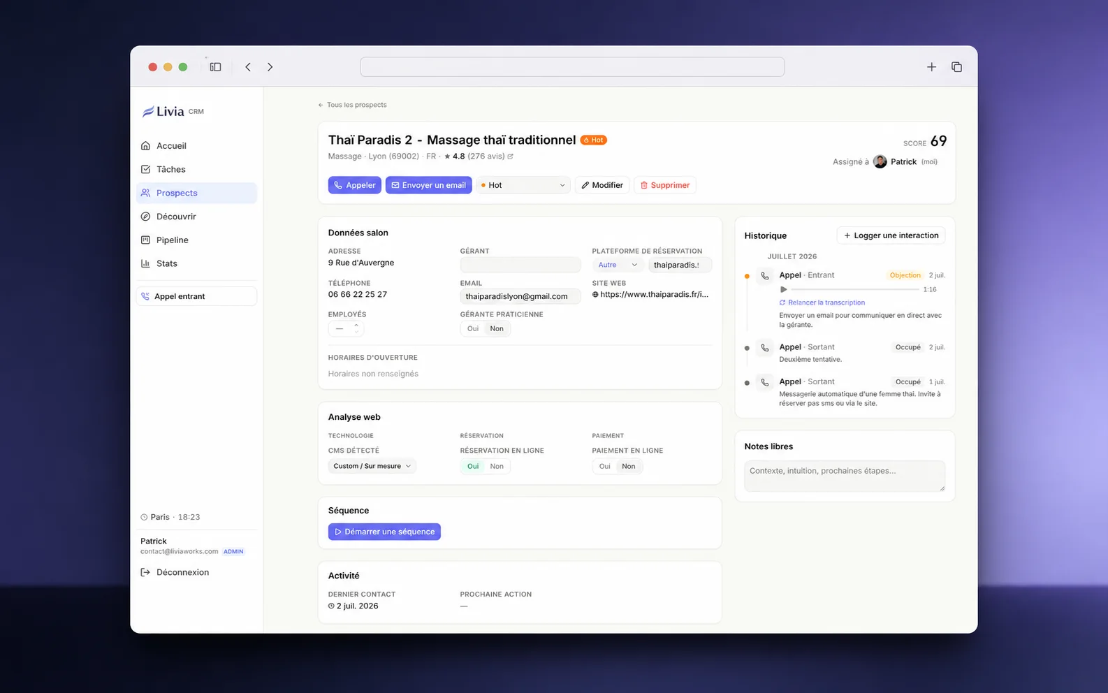 Interface du CRM sur mesure Livia