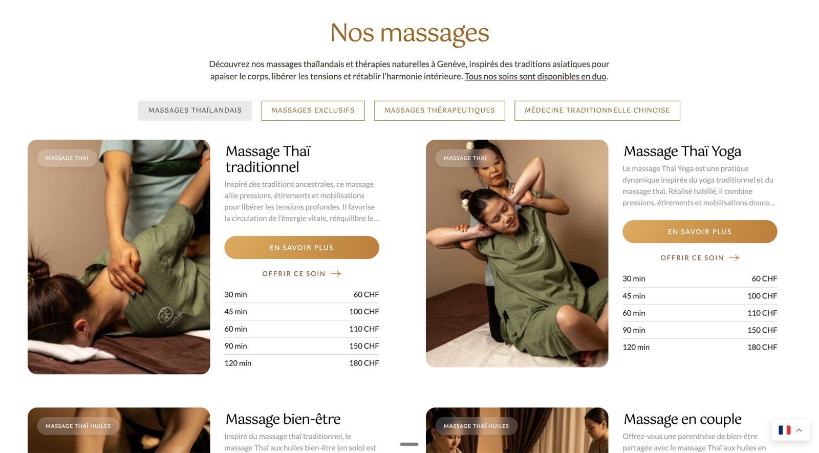 Catalogue des massages Natthé présentant les catégories, les durées et les tarifs