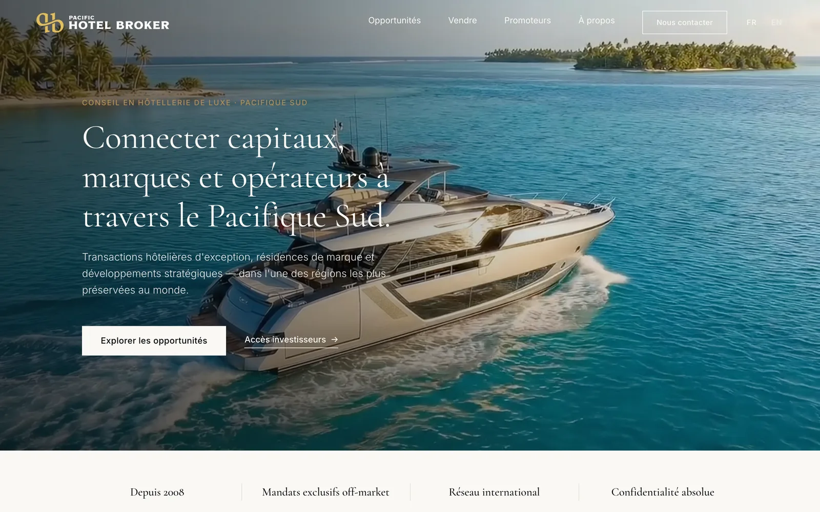 Page d'accueil de Pacific Hotel Broker — courtage hôtelier haut de gamme dans le Pacifique Sud