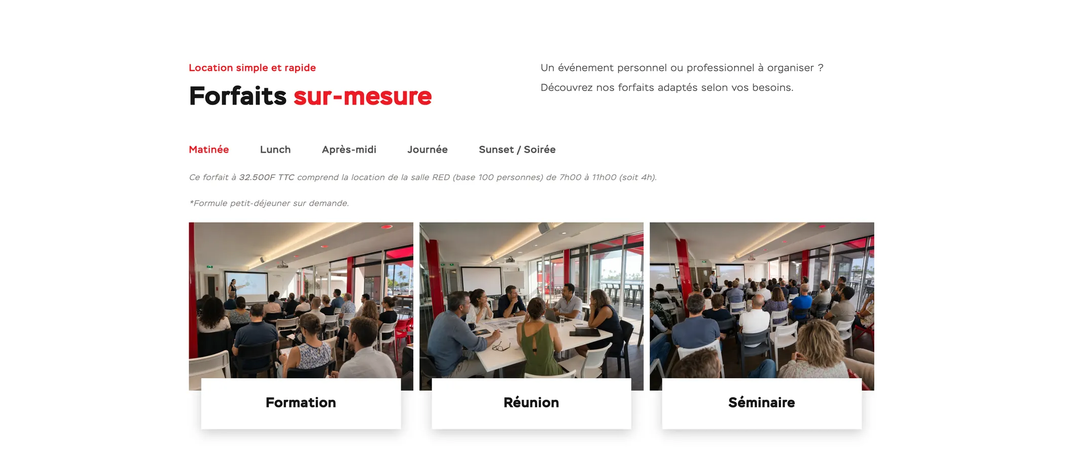 Section Forfaits sur-mesure du site RED avec les onglets Matinée, Lunch, Après-midi, Journée et Soirée, et les formats formation, réunion et séminaire