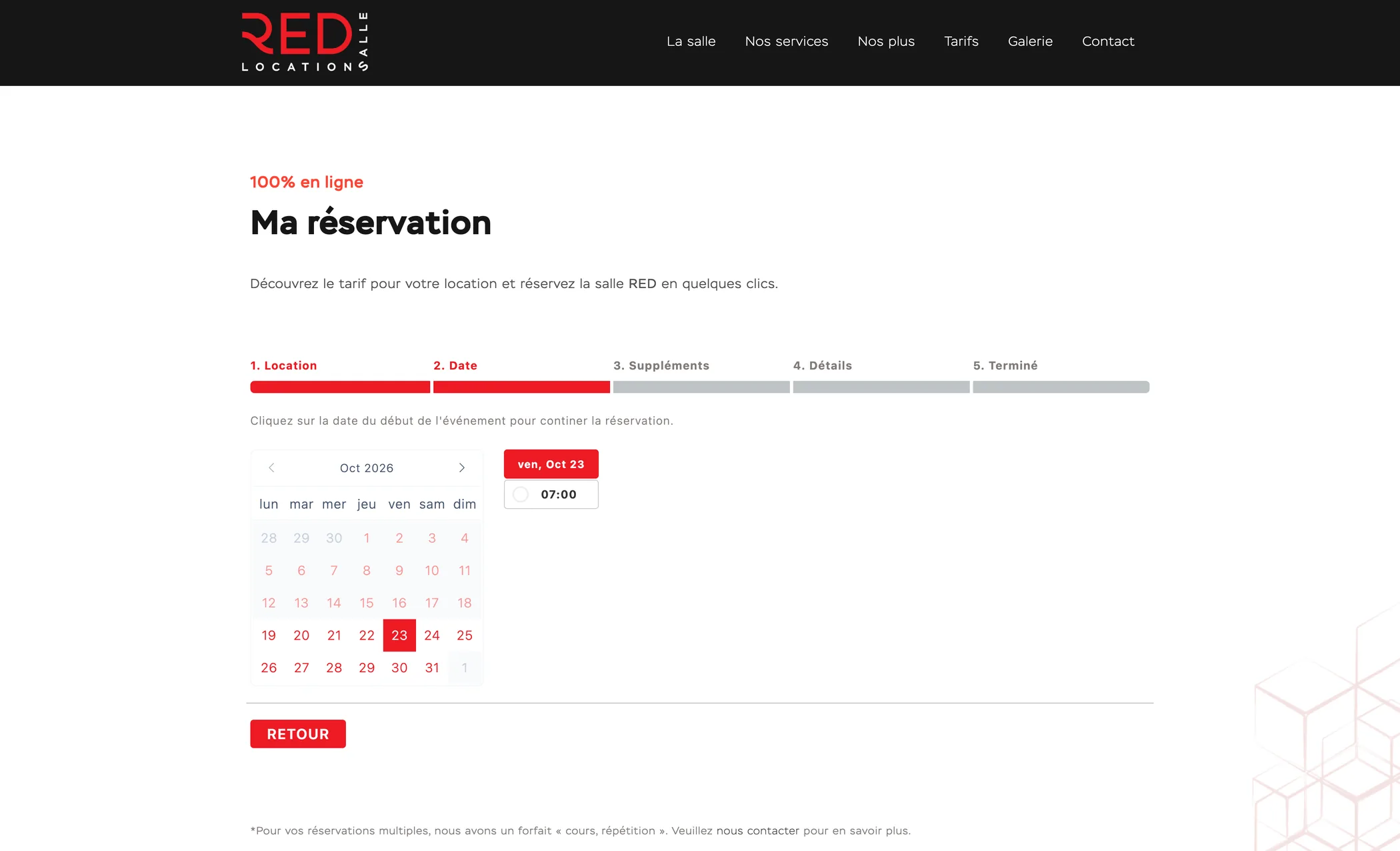 Module de réservation en ligne du site RED en cinq étapes, avec le calendrier et le choix de l’horaire