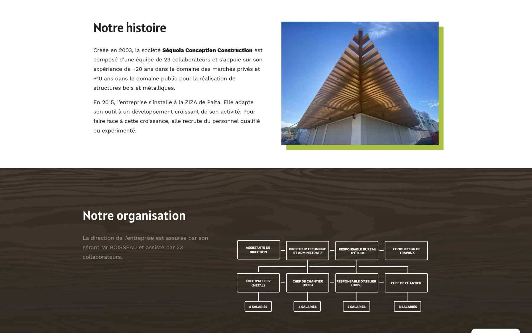 Page à propos de Séquoia Conception Construction présentant son histoire et son organisation