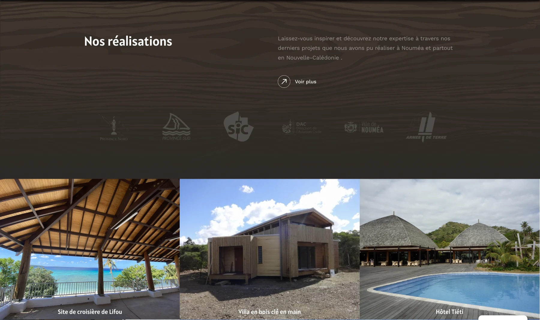 Page des réalisations de Séquoia présentant des projets de structure bois, une maison et un hôtel avec piscine