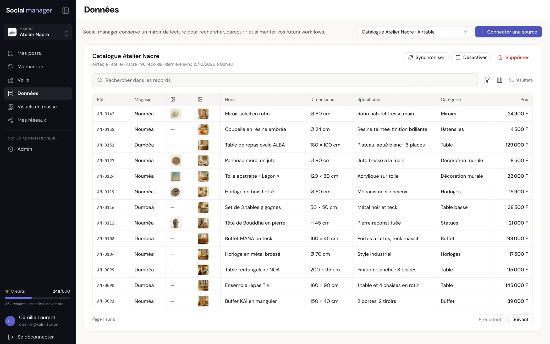 Page Données de Social manager avec un catalogue synchronisé depuis Airtable, marque et produits fictifs