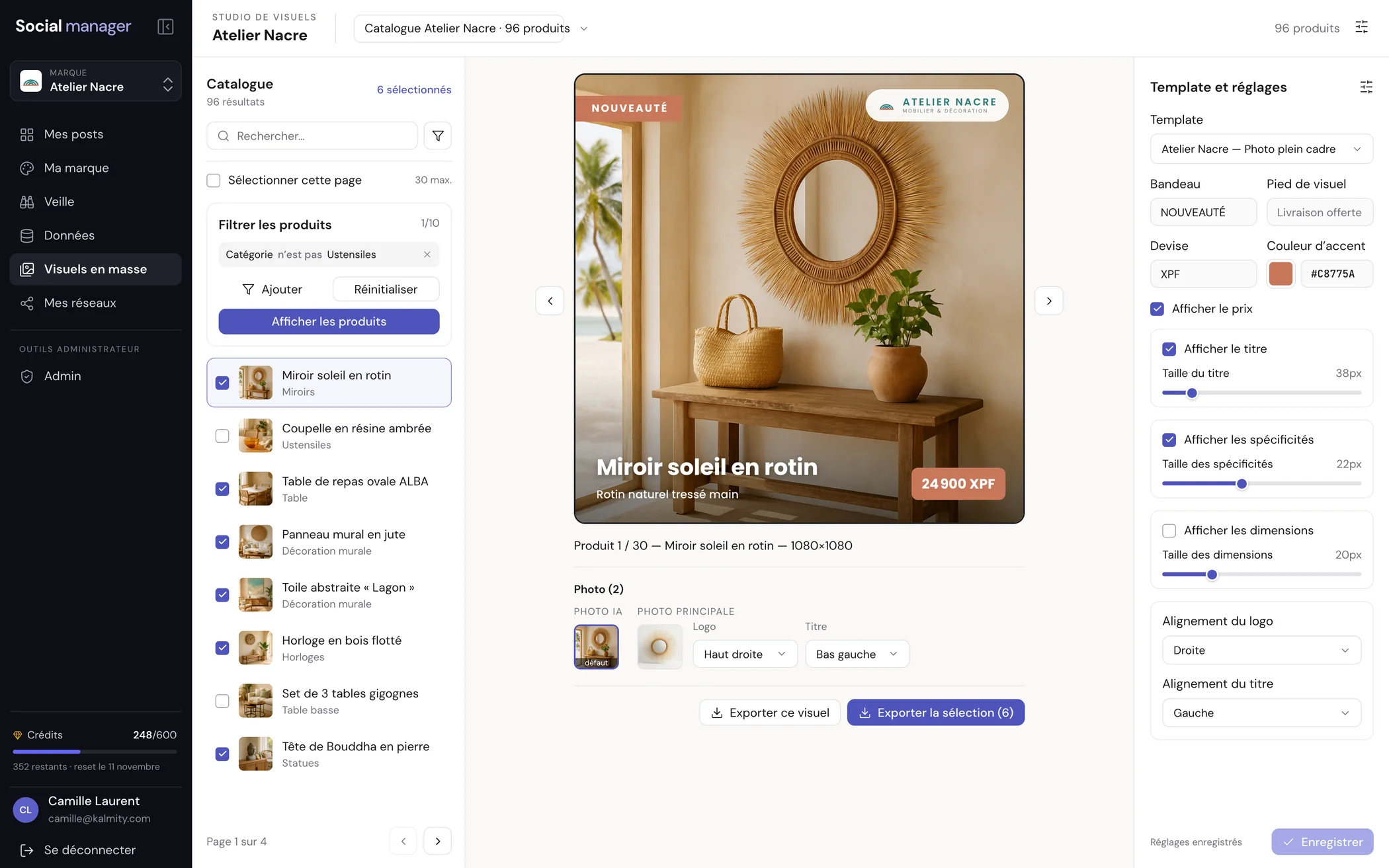 Studio de visuels en masse de Social manager : catalogue produits, visuel généré et réglages du modèle, marque fictive