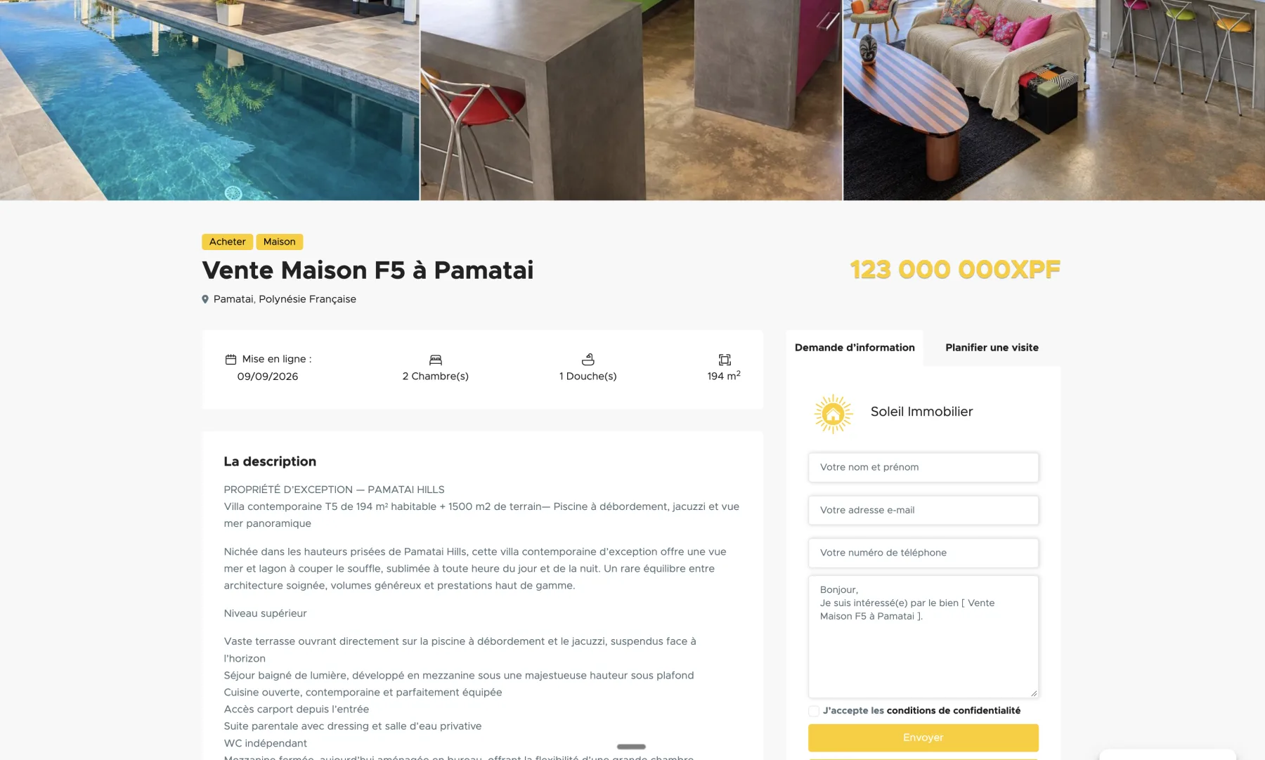 Fiche d’une maison à vendre sur Soleil Immobilier avec prix, caractéristiques, description et formulaires de demande d’information et de visite