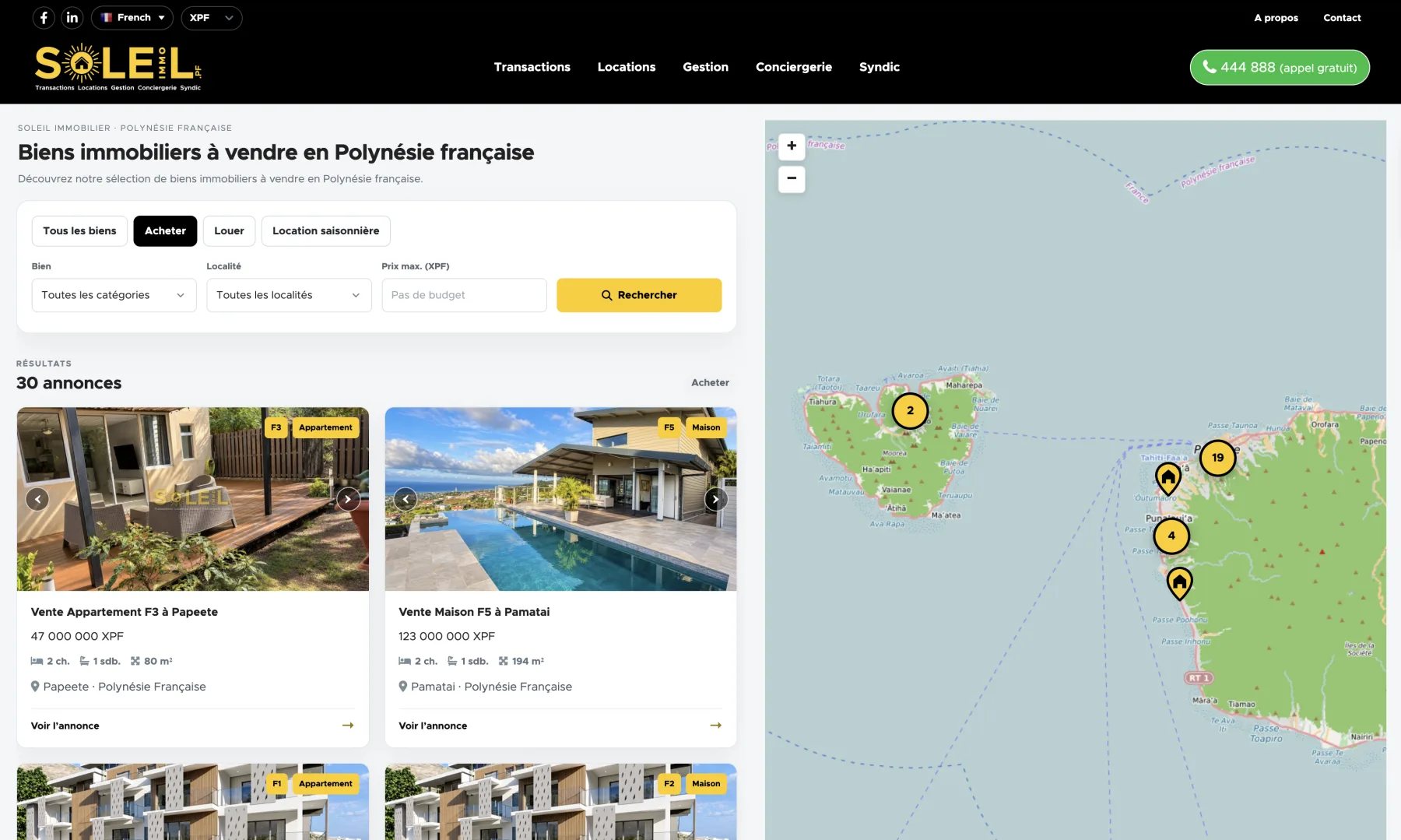 Recherche d’annonces Soleil Immobilier avec filtres de projet, catégorie, localité et budget, liste de biens et carte de localisation