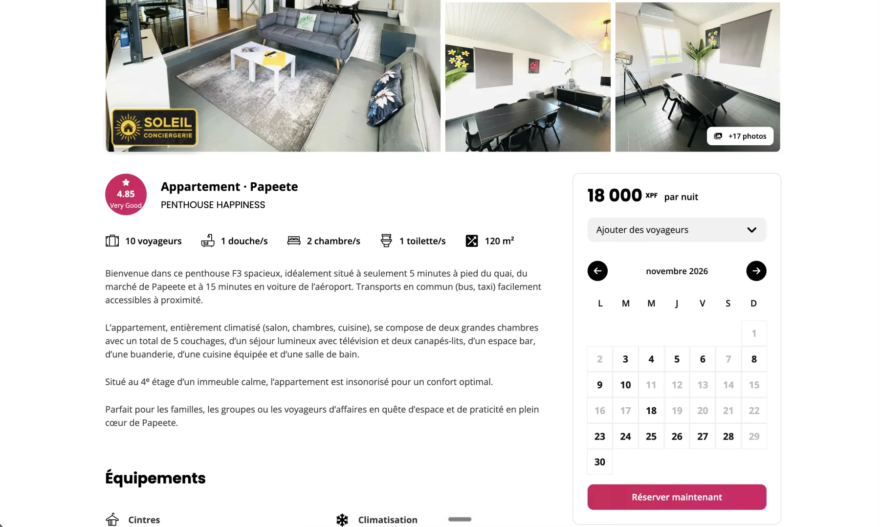 Fiche d’un appartement sur TahitiBnB avec galerie photo, description, équipements, calendrier et bouton de réservation