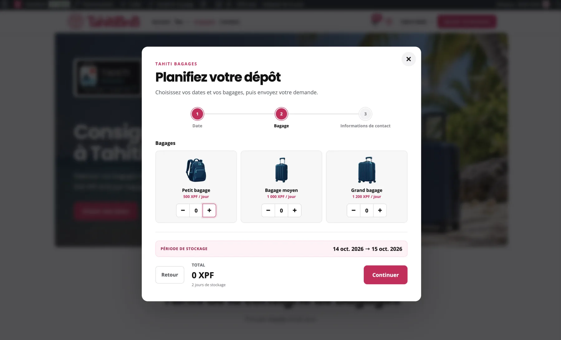 Parcours de réservation de bagagerie TahitiBnB avec choix de la taille des bagages et calcul du prix