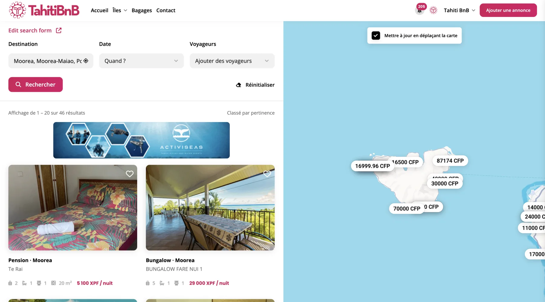 Résultats d’hébergements TahitiBnB à Moorea affichés à côté d’une carte de localisation et de leurs prix