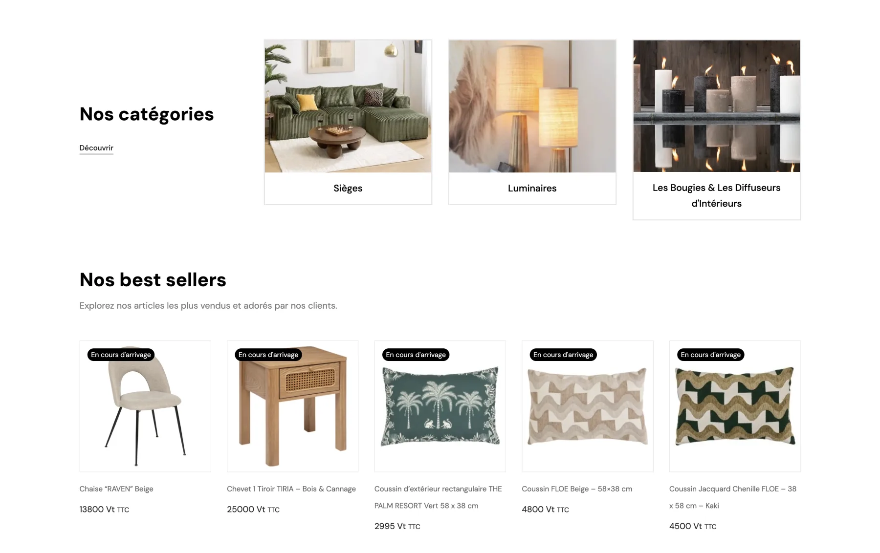 Catalogue de la boutique en ligne avec catégories de mobilier et décoration et grille de produits